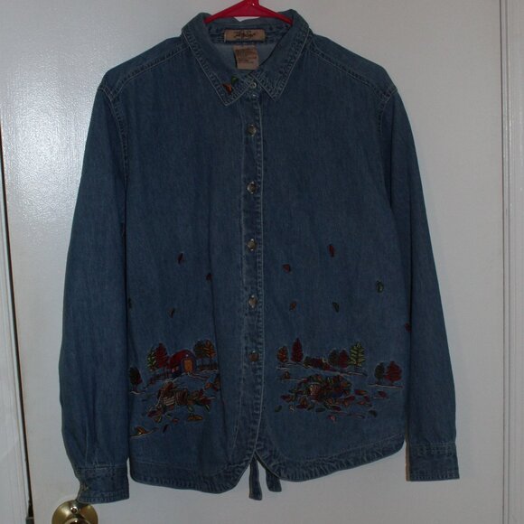 Vintage Just My Size Denim Fall Motif Long Sleeve Shirt - Picture 1 of 2